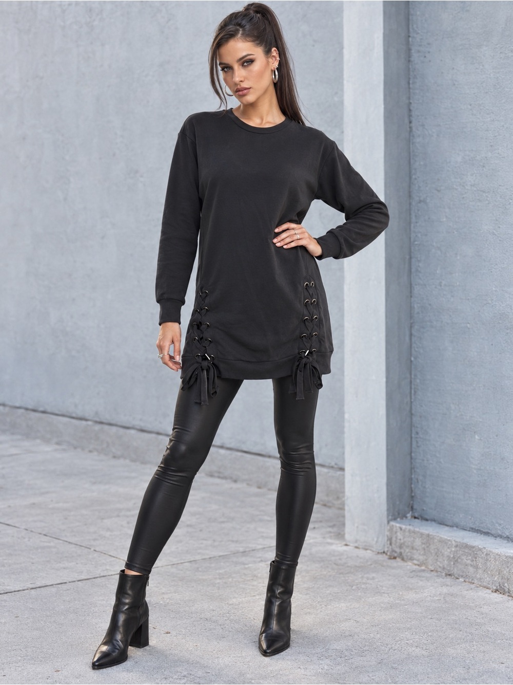 Soprano Long-Sleeve Lace-Up Sweatshirt Tunic Charcoal Grey Relaxed Size XS NWT